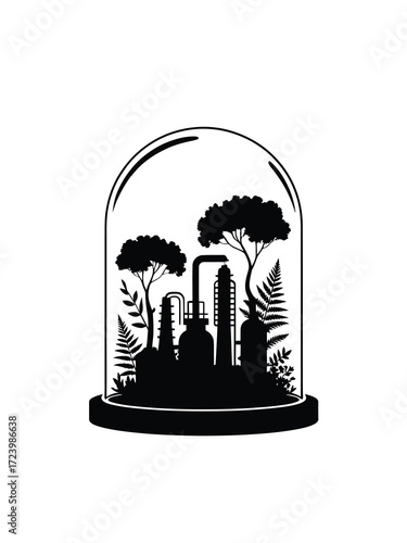 Industrial factory and trees preserved under glass dome