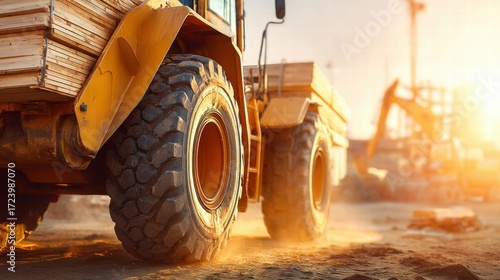 Heavy machinery on a construction site at sunset