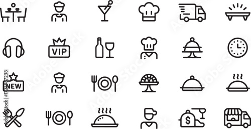 Set of minimalist line icons representing outdoor cafe and restaurant elements black outline vector illustration.