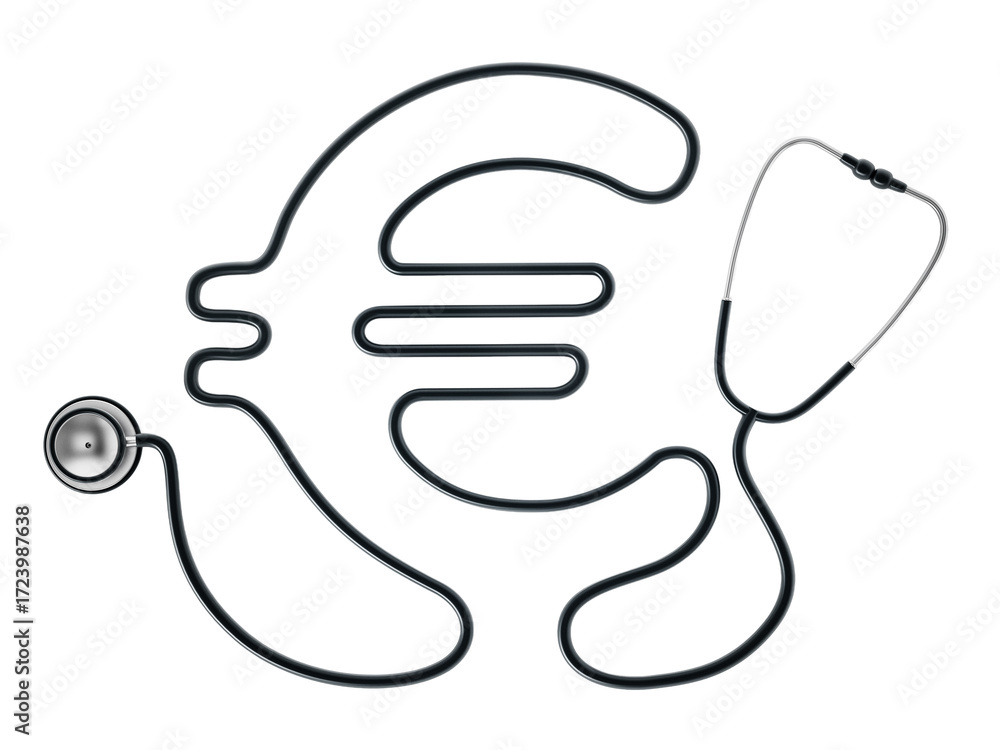 Obraz premium Stethoscope cord forming shape of Euro symbol on transparent background. 3D illustration