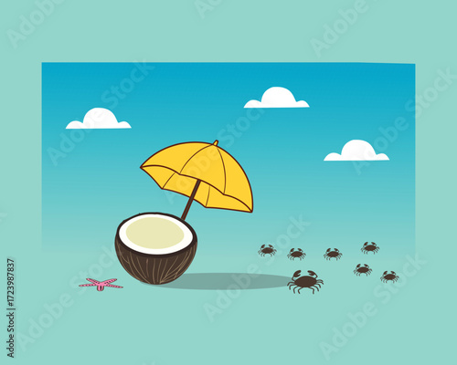 Tropical Coconut with Umbrella on Beach Background