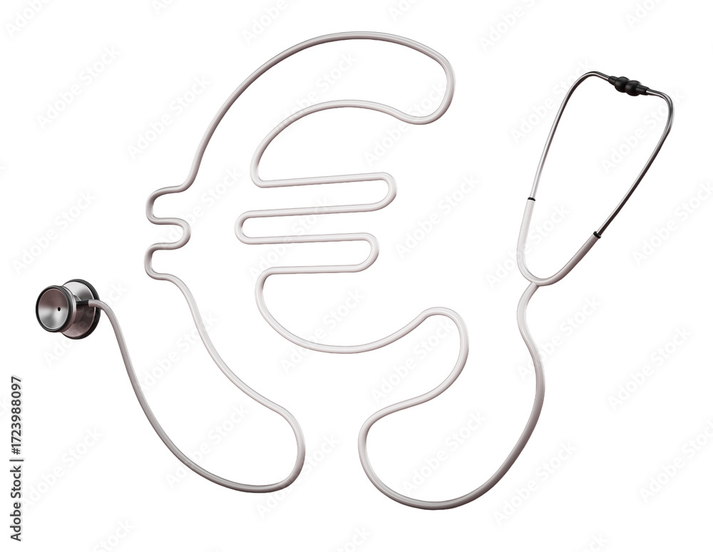 Obraz premium Stethoscope cord forming shape of Euro symbol on transparent background. 3D illustration