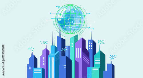 Futuristic Cityscape Skyline with Global Network.