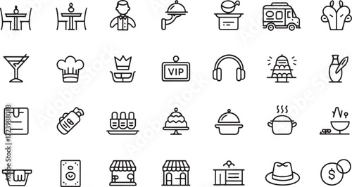 Set of minimalist line icons representing outdoor cafe and restaurant elements black outline vector illustration.