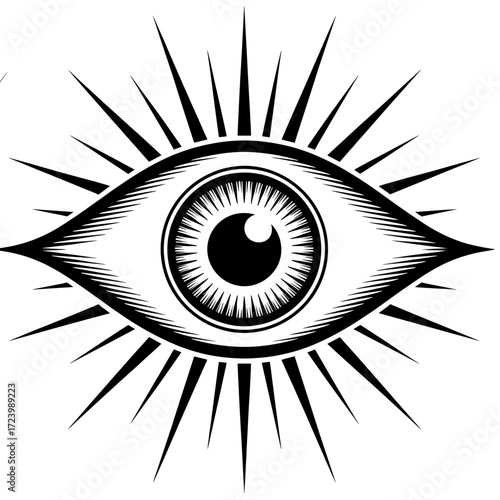 All-seeing eye symbol with rays in black and white vector illustration 