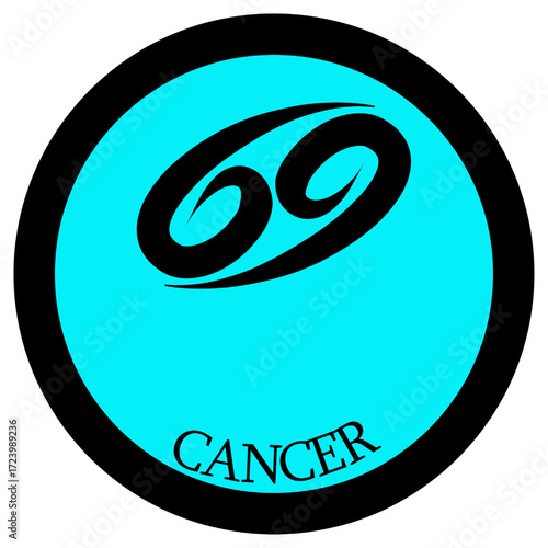 Circle with the zodiac sign Cancer. Cancer sign in a light blue circle with a black rough border. Under the circle the inscription Cancer.