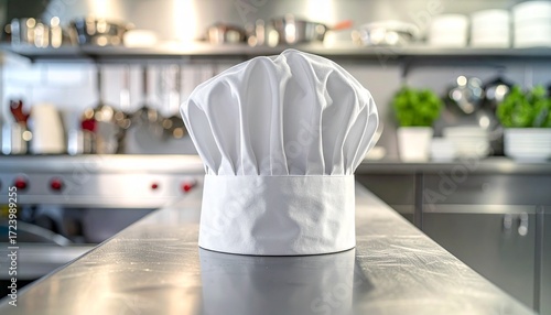 Chef's hat sits on a stainless steel counter in a commercial kitchen.