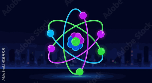 Glowing atomic structure with colorful orbits and particles in dark background.