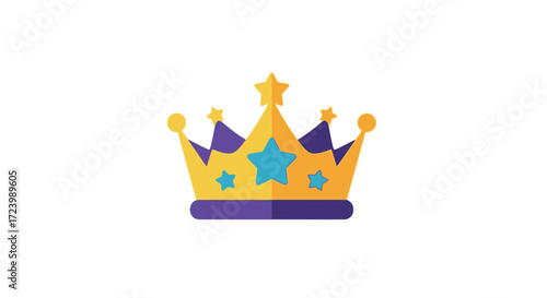 Golden crown illustration with star and jewel details on white background.