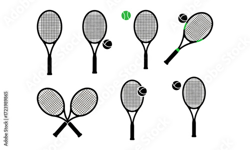 Flat Icons Collection of Tennis – Minimalist Vector Illustrations Featuring Racket, Ball, Court, Player, Net, Match Equipment, and Sport Symbols for Web, Mobile App UI, Infographics, and Print Design