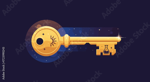 Golden Key with Celestial and Alchemical Symbols.