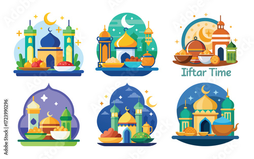 Iftar Time Festive Scenes Mosques Food Ramadan