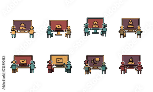Flat Icons Collection of eLearning Display Vector Sets for Web, Mobile App UI and Infographics.