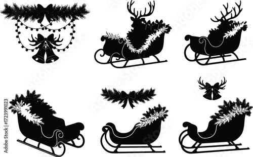 Christmas sleigh silhouette set, festive reindeer decoration, pine garland vector, holiday ornament icons, seasonal graphic pack, winter celebration design
