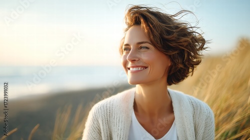 Smiling woman enjoying the sunlight near the ocean
