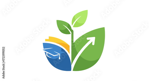Green leaf with graduation cap and upward arrow representing growth.