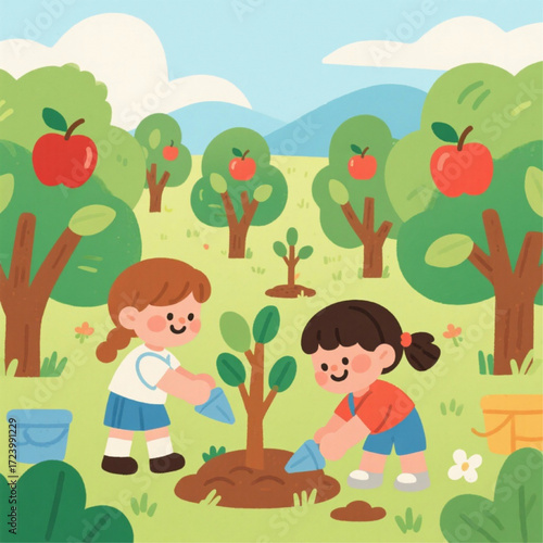 Apple orchard with children planting trees