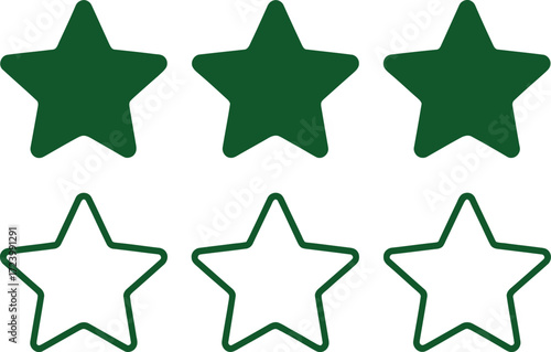Three dark green filled stars above three outlined stars on a white background, representing rating or achievement