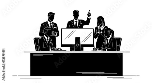 Monochrome illustration depicting a business meeting with team members in suits discussing