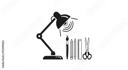 Artistic tools under the spotlight icon design showcasing creativity and workspace design
