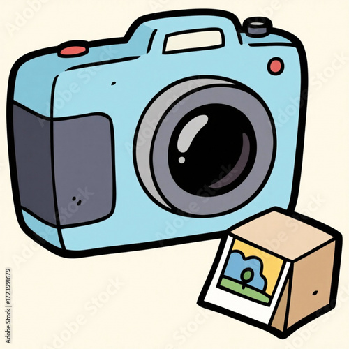 Cartoon camera storing photo into small compressed cube