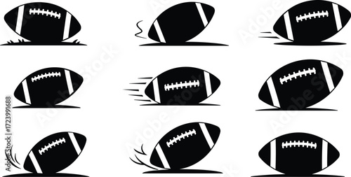 American football ball silhouettes set, sports vector icons showing motion, rolling, bouncing, resting, upright positions, dynamic athletic game illustration design
