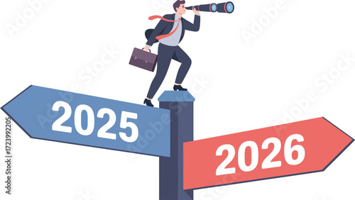 Businessman with telescope looks towards the future year 2026, standing at a crossroads sign for 2025.