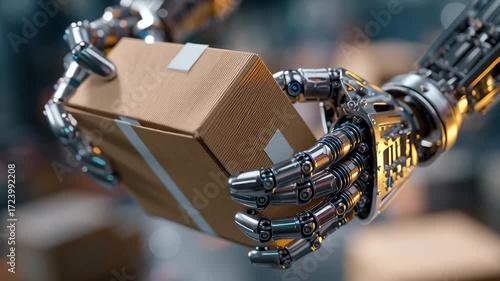Robot hand gripping cardboard box with mechanical precision and advanced metallic design in futuristic warehouse environment showcasing technology
