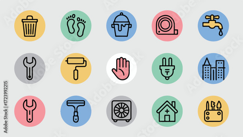 Minimalist icons depicting household objects and tools line art