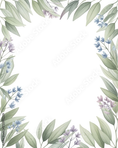 Delicate botanical frame with soft green leaves and subtle floral accents for elegant design invitations