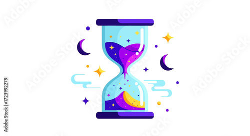 Hourglass with flowing sand representing time and cosmic elements.