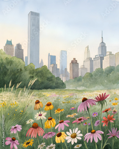 Wildflowers bloom in a city park with skyscrapers in the background