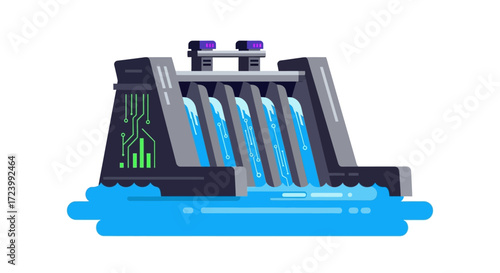 Hydroelectric Dam Illustration with Flowing Water and Modern Design.