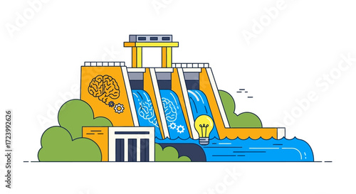 Hydroelectric power plant with brain and lightbulb symbols.