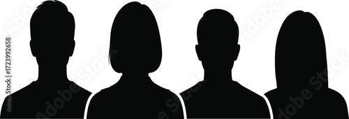 Black silhouette group of diverse people standing together in row, anonymous human figures representing unity, teamwork, diversity, community, equality, inclusion