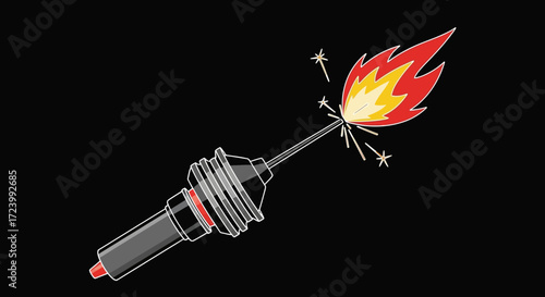 Ignited Spark Plug with Flames and Sparks Illustration on Black.