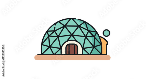 Illustration of a Geodesic Dome Structure with Doorway and Adjacent Building.