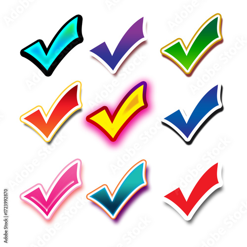 Colorful Checkmark Stickers SVG Set – Gradient Tick Icons with Outline & Glow, UI UX Validation, Approval, Completed Tasks, To-Do List Markers on Transparent Background PNG