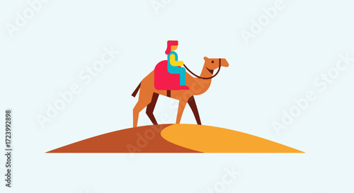 Illustration of a person riding a camel on a sand dune.