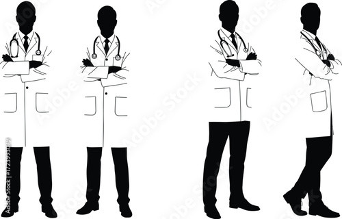 Black silhouette vector illustration of doctors wearing lab coats and stethoscopes, medical professionals standing in different poses, healthcare concept design