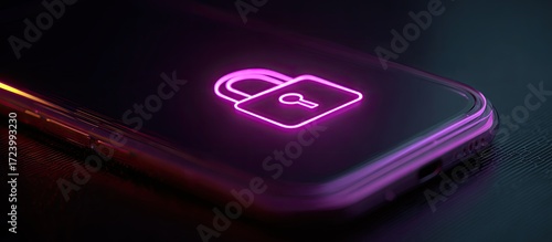 A smartphone with a glowing neon pink padlock icon