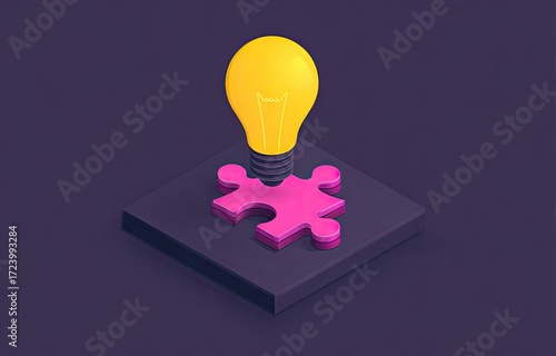3D isometric illustration of a lightbulb and a puzzle piece