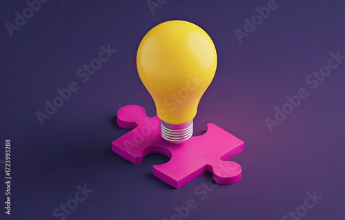 A bright yellow lightbulb rests atop a pink puzzle piece, against a deep purple background