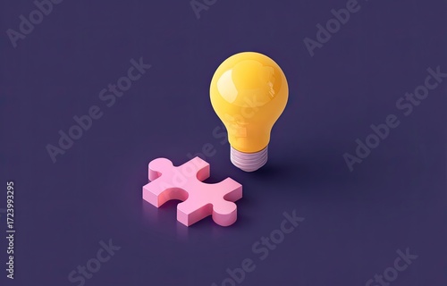 3D lightbulb and puzzle piece on a dark background