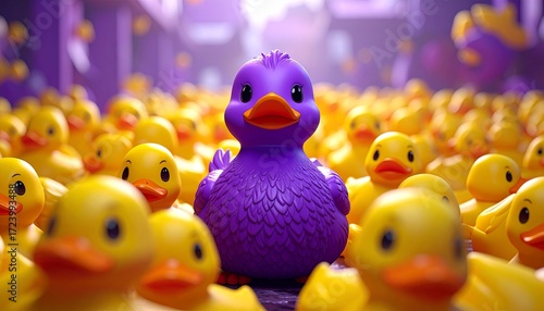 A single purple rubber duck amidst a crowd of yellow rubber ducks, highlighting individuality and difference.