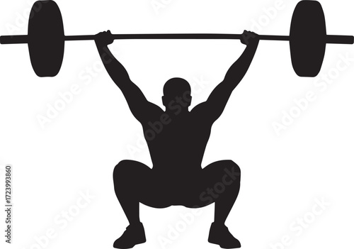 Silhouette of a fitness athlete performing a weightlifting squat with barbell overhead