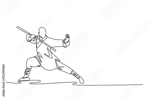 Continuous one line drawing male martial artist in powerful, low stance, wielding staff, with one arm up in defensive guard, disciplined use of weapon. Single line design vector graphic illustration