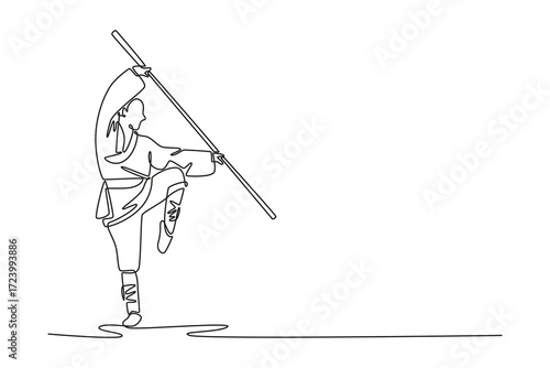 Continuous one line drawing male Shaolin Kung Fu master balancing on one leg while holding staff, incredible discipline and core strength required for pose. Single line draw design vector illustration