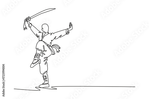 Continuous one line drawing man in one-legged stance, balancing gracefully while holding sword overhead, movement, skill of Shaolin Kung Fu master. Single line draw design vector graphic illustration