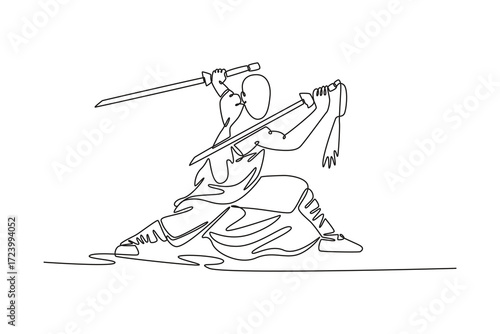 Continuous one line drawing man in powerful horse stance, wielding two long swords, balance dynamic combat traditional Shaolin Kung Fu weapon form. Single line draw design vector graphic illustration